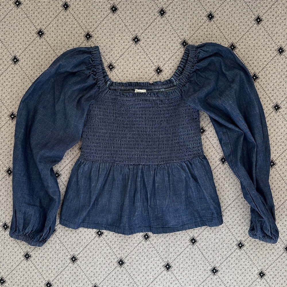 J Crew Puff Sleeved Chambray Smocked Top